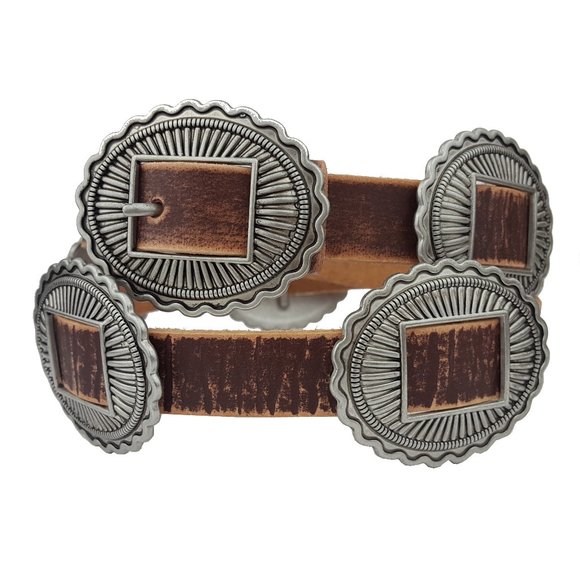 Western Genuine Brown Distressed Leather belt w. packed Conchos - Picture 1 of 2